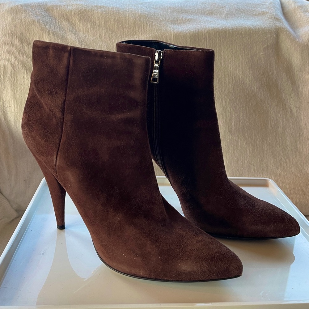Prada Heeled Booties, Brown Suede, Barely Worn